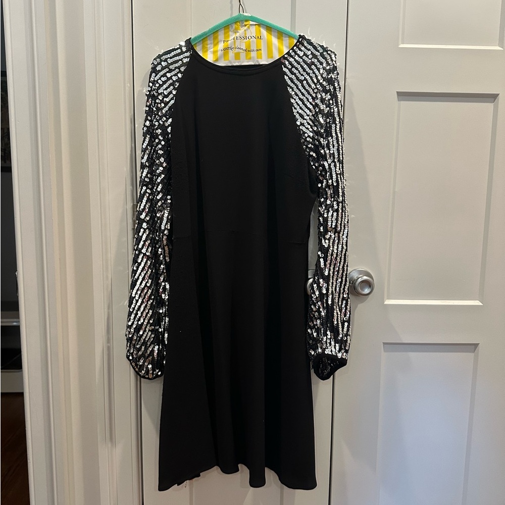 Traffic People Black Cocktail Dress with Silver Sequin Sleeves - Size L